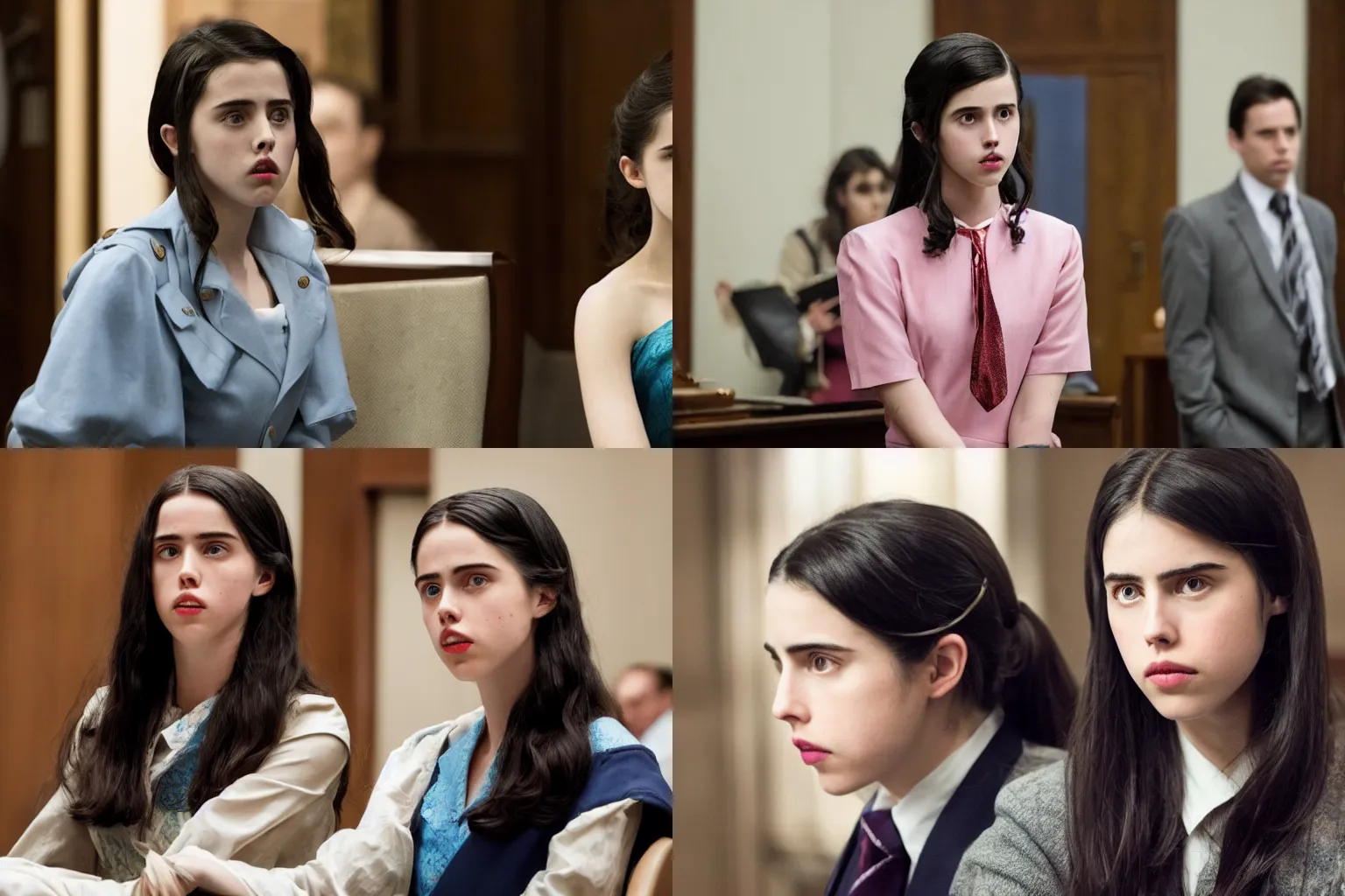 Prompt: Margaret Qualley playing Maya Fey in a live action adaptation of Ace Attorney, film still, courtroom scene,