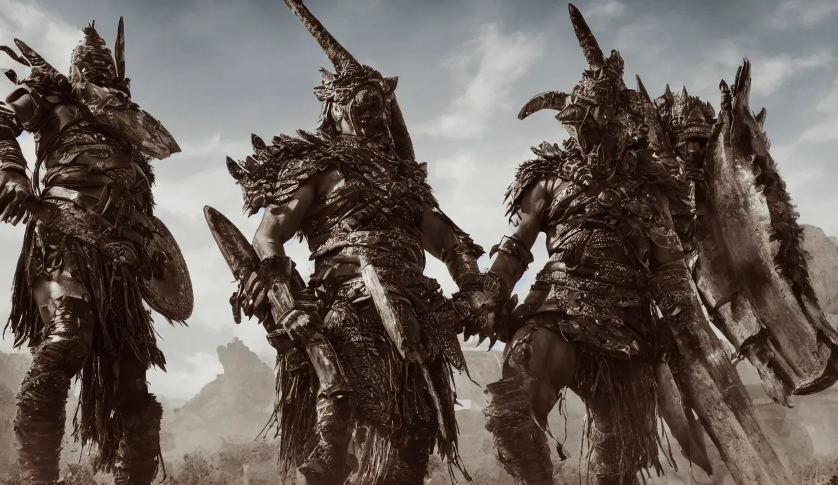 Prompt: distance photo of two ancient tribesman in armor from monster hunter holding futuristic weapons standing in front of attacking barbarian horde, handsome symmetrical faces, muscular bodies, dramatic lighting, cinematic, establishing shot, extremely high detail, photorealistic, 300 the movie,monster hunter the movie, monster hunter, cinematic lighting, artstation, octane render, western,old photo, vintage