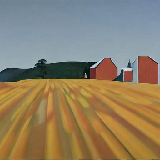 Image similar to dreaming futuristic rural landscape with modern houses, painted by Alex Katz and Edward Hopper, airbrush, highly detailed