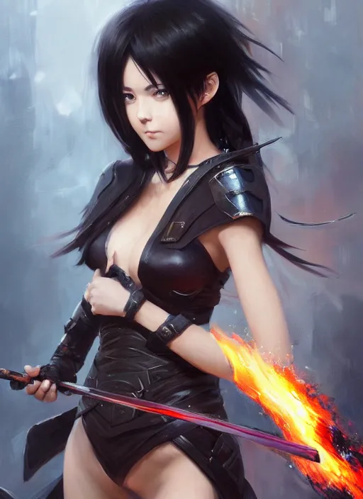 Image similar to Portrait of Anime girl with black hair, she is carrying a burning sword with two hands, wearing metal armor around her chest and waist, realistic, detailed, 4k by Greg Rutkowski Mark Arian trending on artstation