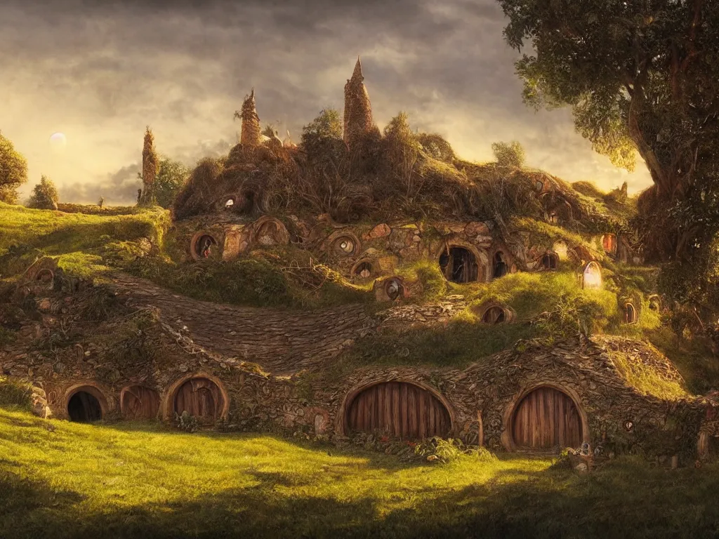 Image similar to Hobbiton in ruins, evening, detailed matte painting, cinematic, Alan Lee, Artstation