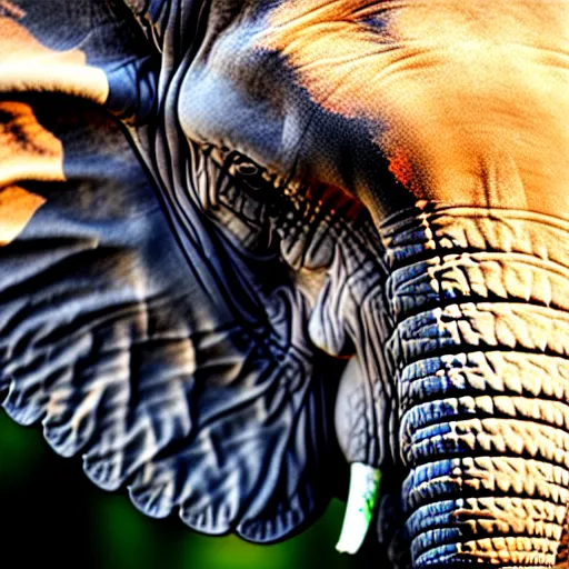 Image similar to elephant with horn in its head, ultra - realistic, elephant wrinkles, face close - up, 8 k.