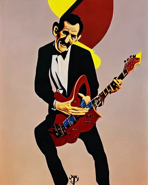 Image similar to Barry Chuckle shredding on a Gibson Flying V, guitar solo, heavy metal artwork by René Magritte