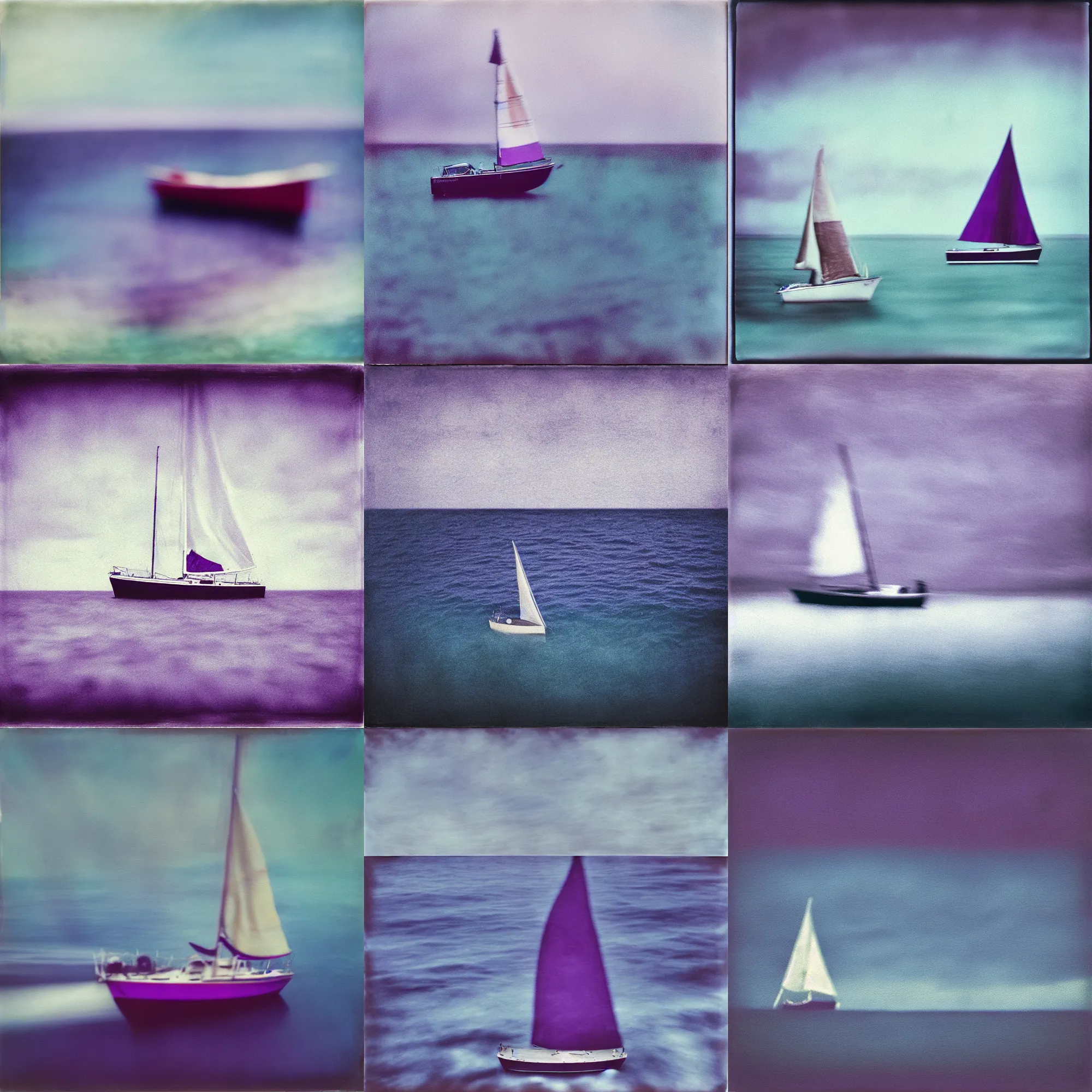 Prompt: kodak portra 4 0 0, wetplate, motion blur, portrait photo of a backdrop, sailboat, at the sea, coloured in blueberry and purple, by britt marling, muted colours