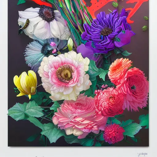 Prompt: a bouquet of colorful flowers, pastel and black colors, realistic shadows, flowers with very long petals,afternoon sunlight, hard light and long shadows, neon glowing, vivid, detailed painting, by James Jean and Ross Tran, masterpiece, award winning painting