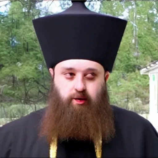 Image similar to orthodox patriarkh is wearing tall burger hat, real TV footage,