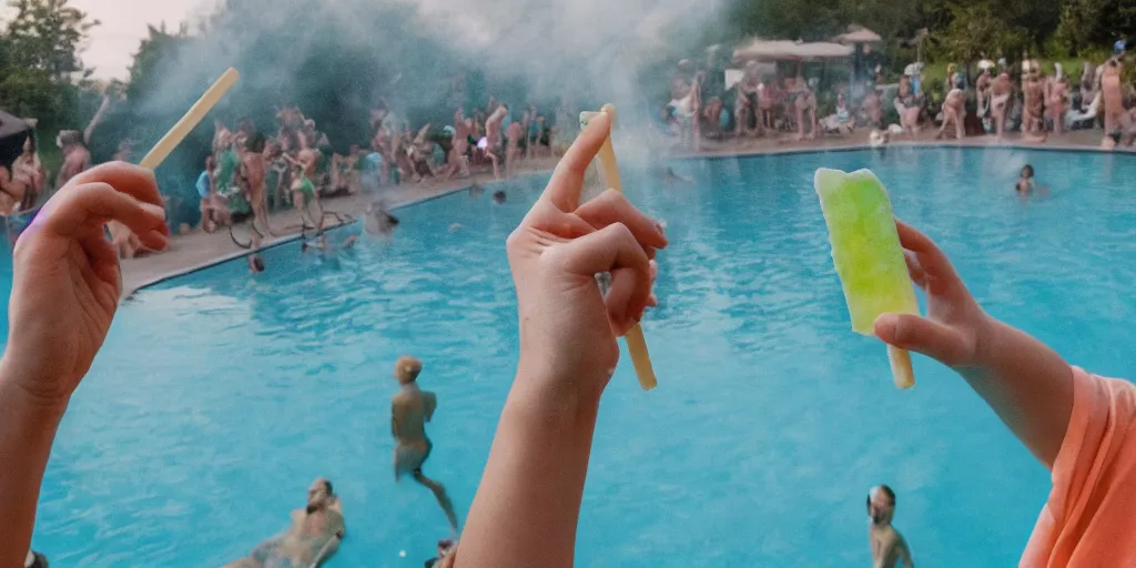 Prompt: Socrates eating a translucent hemlock popsicle at the last pool party bbq he will ever attend, chaotic social scene around him, large cloud of fire, in the style of Martin Parr The Last Resort, ring flash closeup photograph