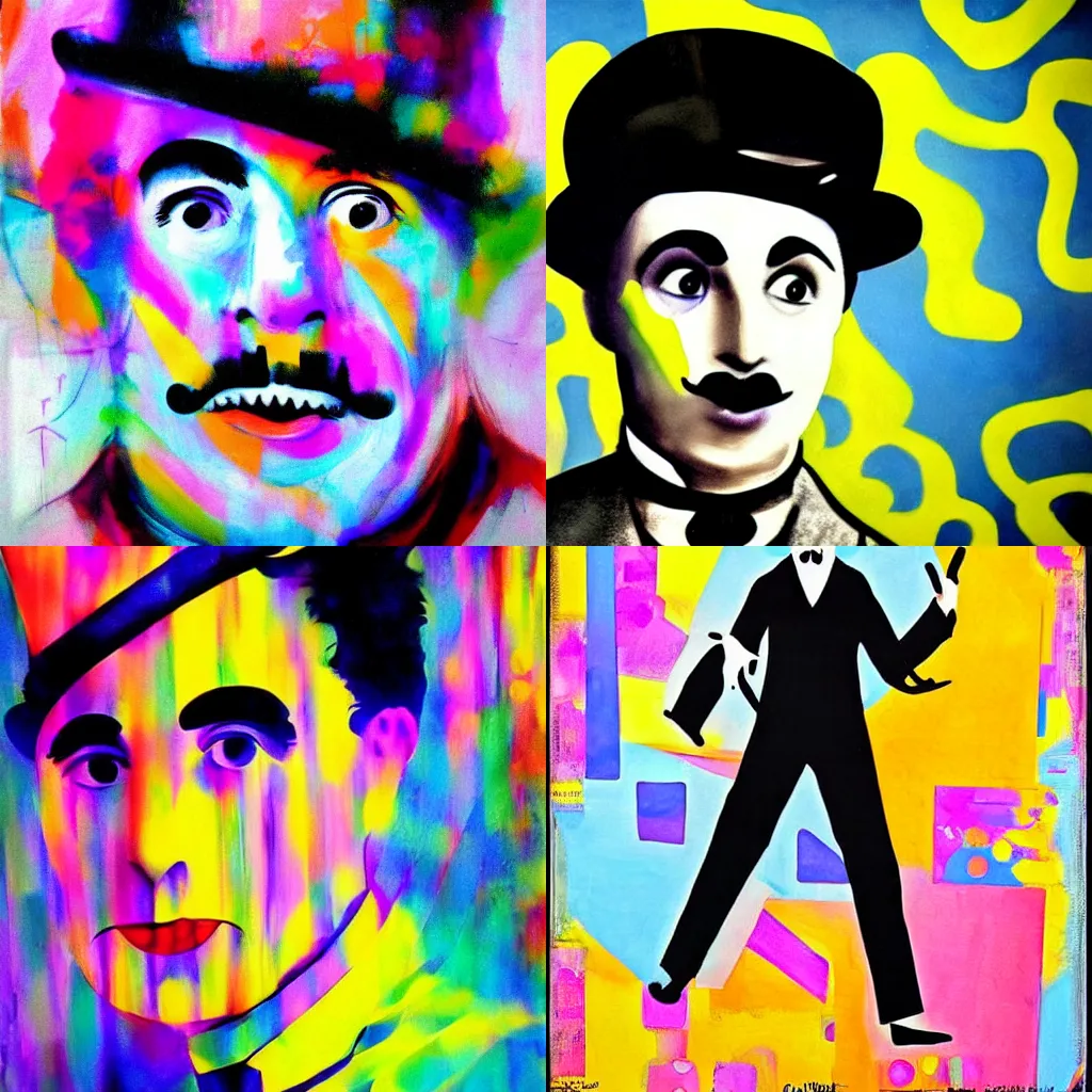 Prompt: charlie chaplin modern times, abstract, surreal, messy, colorful, dreamstate