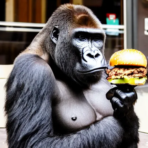 Image similar to detailed sharp photo of a gorilla eating a burger inside a McDonald's in santa fe