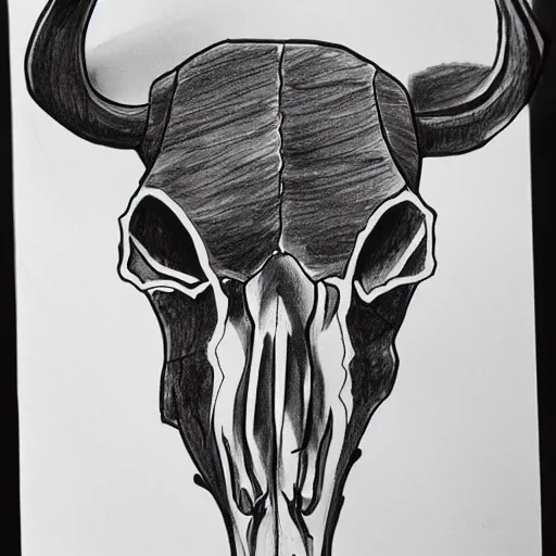 Prompt: a black pen sketch of a cow skull, beginner, intermediate art, anatomy, paper art