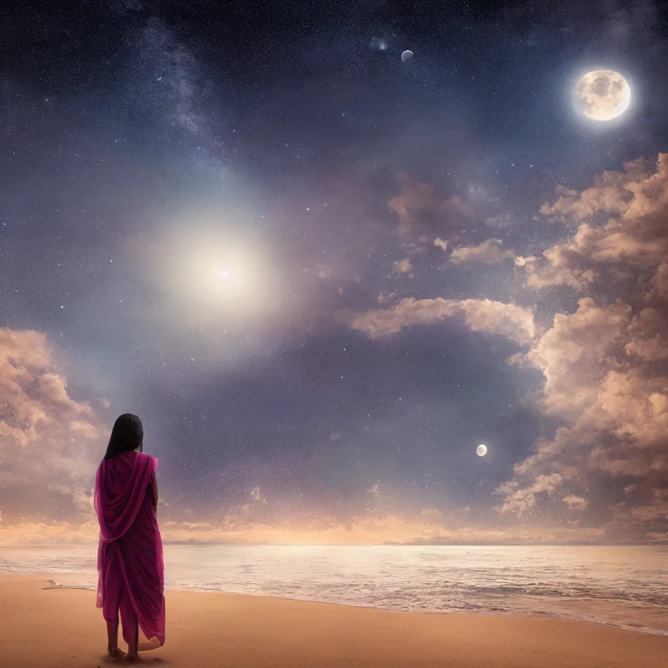 Prompt: young indian woman standing by the ocean at night with the moon above and the galaxy visible, masterful intricate artwork, high detail 8 k