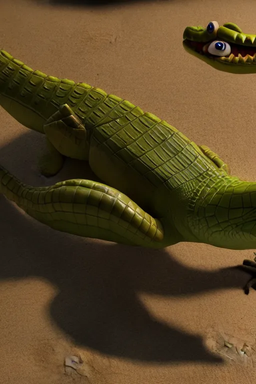 Image similar to a crocodile wearing a formal overcoat Pixar style 3D render octane render unreal engine 5 path tracing front shot cute Disney style 4K natural