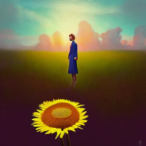 Image similar to giant daisy flower head, standing frontal, a girl in a suit, surreal photography, sunrise, dramatic light, impressionist painting, digital painting, artstation, simon stalenhag