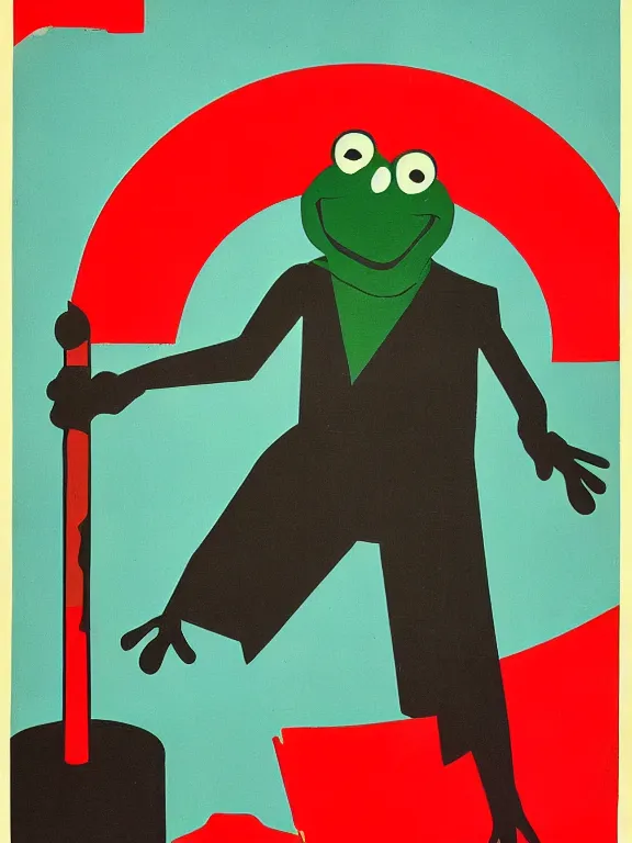 Prompt: USSR propaganda poster of kermit the frog holding a hammer, constructivism style, red black and white