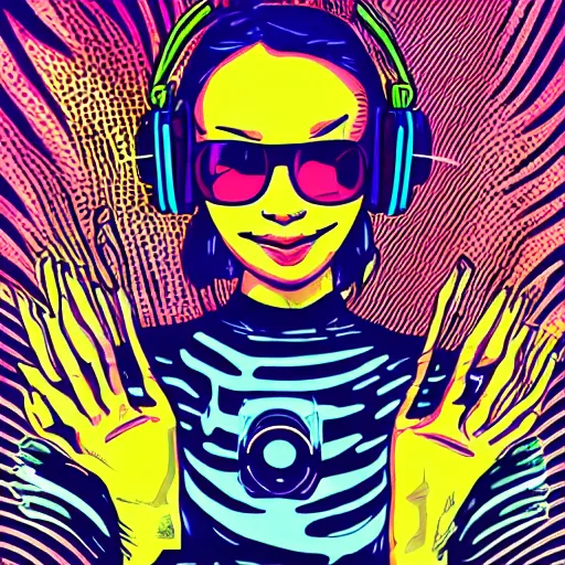 Image similar to artgerm, psychedelic laughing cybertronic waldo, rocking out, headphones dj rave, digital artwork, r. crumb, svg vector