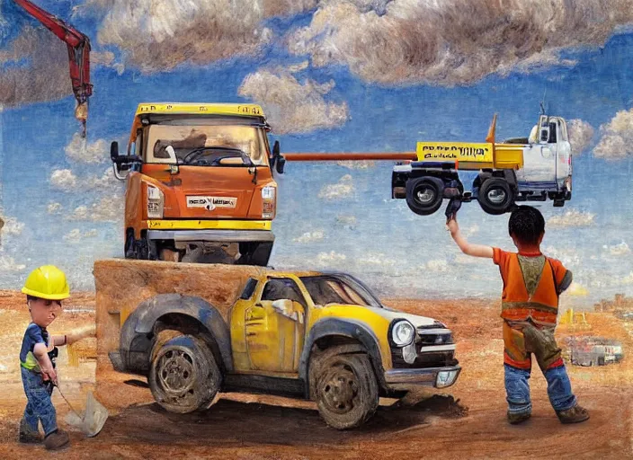 Image similar to a boy and his construction truck friends in a construction site in the style of pixars cars, in the style of jeremy enecio, intricate, miles johnston, monet, cynical realism, john william godward, painterly, yoshitaka amano, miles johnston, louise zhang, pekka halonen, finnish naturalism, realism