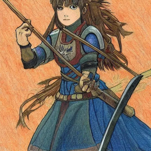 Image similar to medieval warrior girl, highly detailed, colored pencil, studio ghibli, mucha