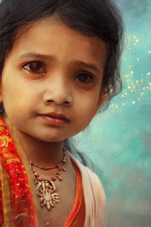 Image similar to hindu little girl, joyful, close - up portrait, intricate, elegant, volumetric lighting, scenery, digital painting, highly detailed, artstation, sharp focus, illustration, concept art, ruan jia, steve mccurry