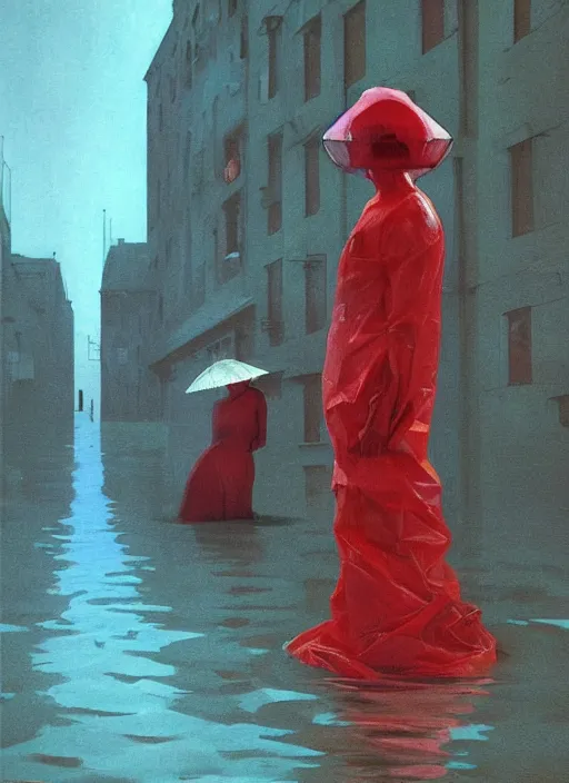 Image similar to futuristic woman dressed in transparent red plastic bags, on flooded street Edward Hopper and James Gilleard, Zdzislaw Beksinski, highly detailed