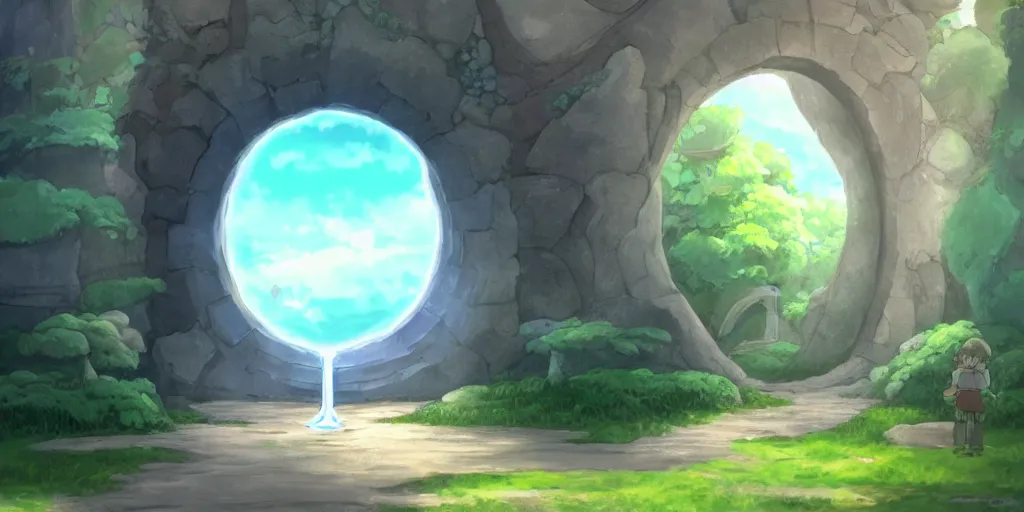 Image similar to a cell - shaded studio ghibli concept art study of a dimensional portal doorway. water is flowing out of the portal. very dull colors, hd, 4 k, hq