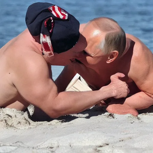 Prompt: Putin and trump kissing on the beach