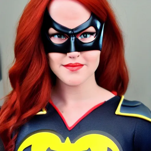 Image similar to Barbara Gordon with her Batgirl mask off gorgeous face and dark red hair with her Superhero outfit half unzipped 8k ultra realistic