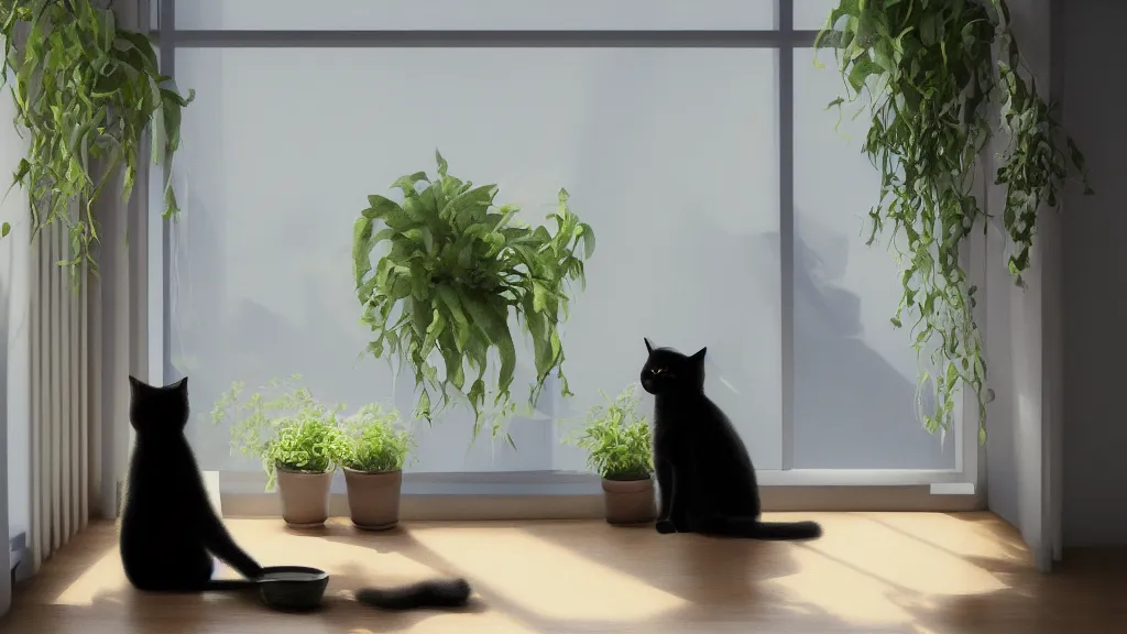 Image similar to peaceful dreamy painting of a content black cat sitting by a window and looking outside, sunshine coming through the window, small plants on the window sill, 8k, hyper realism, trending on artstation, octane render