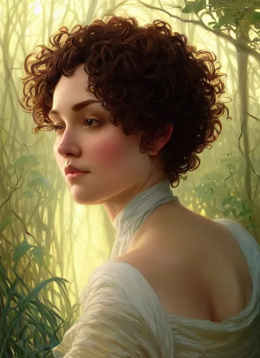 Image similar to a woman with short curly hair, round face, cottagecore!!, river, trees, intricate, elegant, highly detailed, digital painting, artstation, concept art, smooth, sharp focus, illustration, art by artgerm and greg rutkowski and alphonse mucha