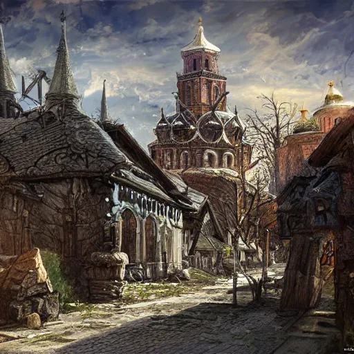 Image similar to photo ancient Slavic Russian city of Kitezh, concept art, painting by Viktor Vasnetsov, magical city, fantasy cityscape, ancient Slavs, wooden buildings, ancient Russian architecture, terem, hyperborea, top cinematic lighting , very detailed, 8k, high resolution