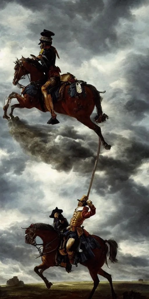 Image similar to spanish police arresting donquixote during a stormcloud with dramatic airbrushed clouds over photography realistic masterpiece