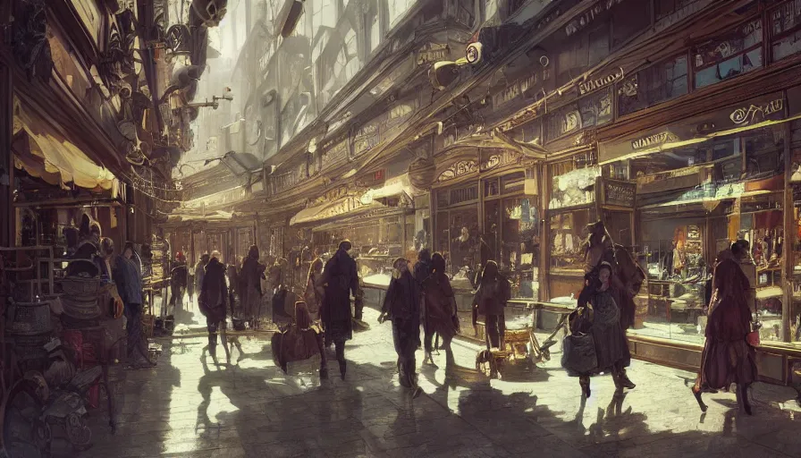 Prompt: Antique store in a Dieselpunk city, shopping street, shopwindows, light, shadows, reflections, steam, epic composition, intricate, elegant, volumetric lighting, digital painting, highly detailed, artstation, sharp focus, illustration, concept art, ruan jia, steve mccurry