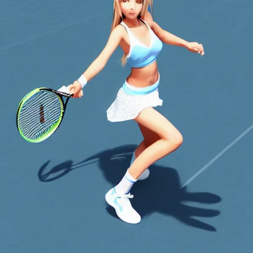 Image similar to a very beautiful young tennis player yuuki asuna, full body, long wavy blond hair, sky blue eyes, full round face, bikini, miniskirt, front view, mid - shot, highly detailed, cinematic wallpaper by stanley artgerm lau