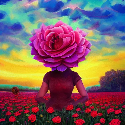 Image similar to giant rose flower head, full body girl standing in a flower field, surreal photography, sunrise, dramatic light, impressionist painting, colorful clouds, digital painting, artstation, simon stalenhag