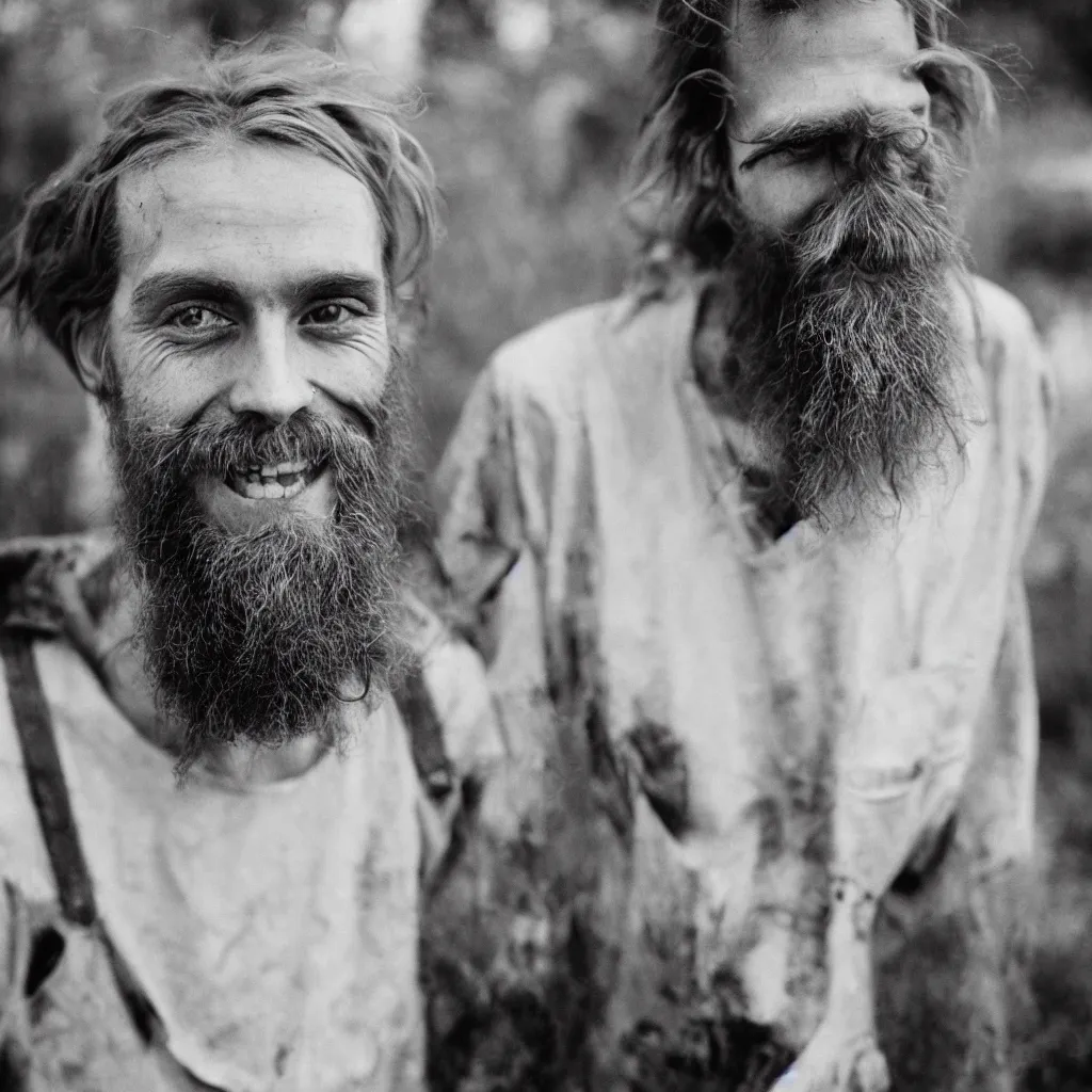 Image similar to extremely skinny malnourished redneck white male with long beard, wearing dirty overalls, dirty greasy face, grin, portrait, close up, kodak gold 2 0 0, 5 0 mm,