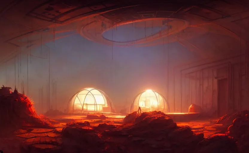 Image similar to abandoned mars biodome, horror sccene, by Greg Rutkowski and Gaston Bussiere, dim lighting, beautiful volumetric-lighting-style atmosphere, futuristic atmosphere, intricate, detailed, photorealistic imagery, artstation, by Evgeny Lushpin