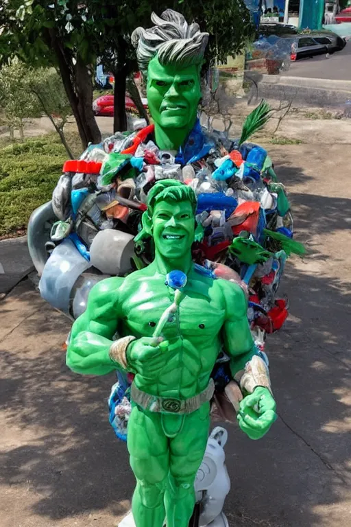 Image similar to a statue of Captain Planet made entirely out of plastic waste and recyclables