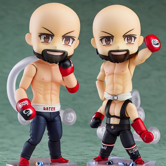 Prompt: anime nendoroid of British Kickboxer Andrew Tate, bald, with stubble beard, fantasy, figurine