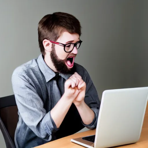 Image similar to picture of the nerd guy, looking on the computer and reacting about new twitter followers, real life, photography