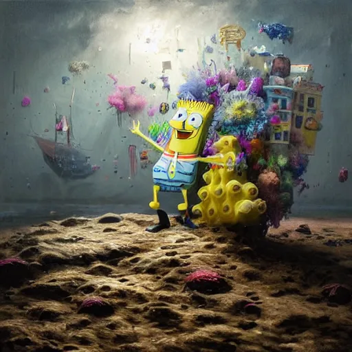 Image similar to hyperrealistic mixed media high resolution painting of SpongeBob SquarePants, stunning 3d render inspired art by István Sándorfi and Greg Rutkowski, perfect symmetry, dim volumetric lighting, 8k octane beautifully detailed render, post-processing, extremely hyper-detailed, intricate, epic composition, highly detailed attributes, highly detailed atmosphere, cinematic lighting, masterpiece, trending on artstation, very very detailed, masterpiece, stunning, flawless structure, lifelike texture, perfection,