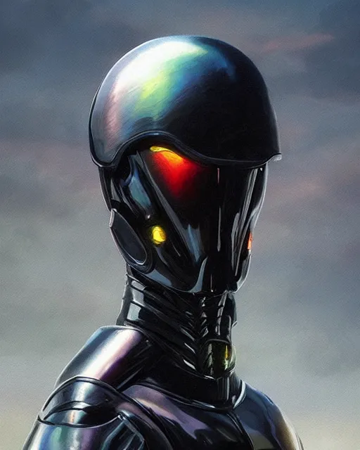 Image similar to iridescent sinewy smooth muscular male sleek glossy black pearlescent scifi armor with smooth black featureless helmet, by greg rutkowski, mark brookes, jim burns, tom bagshaw, magali villeneuve, glenn fabry, trending on artstation