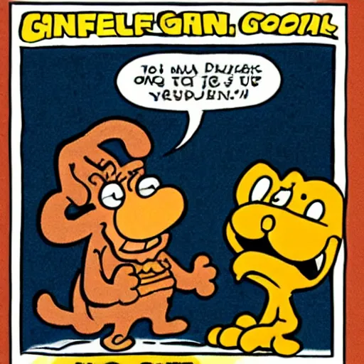 Prompt: garfield points a gun at odie, panel from garfield comic strip, illustrated by jim davis