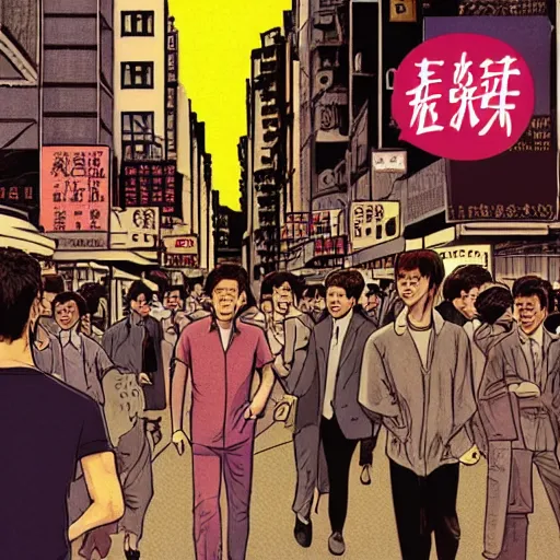 Image similar to glossy old advertising poster, mark zuckerberg walking through crowded hong kong street, vendors, drawn comic by junji ito, pastels, gradient