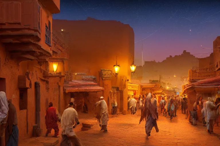 Image similar to in the middle of a adobe house kasbah town, mud and brick houses, merchant street, pueblo architecture, colorful crowd, festival. Scenic view at night, underexposed, clean horizon, matte painting by craig mullins and Anato_Finnstark, concept art trending on artstation, 4k, intricate details