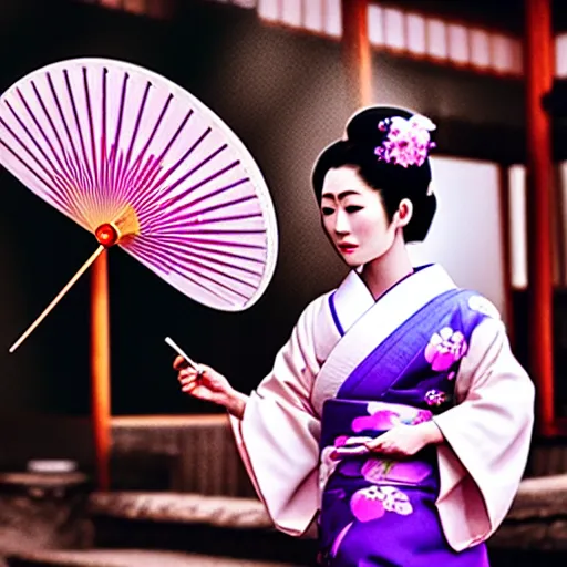 Image similar to Japanese geisha with beautiful violet paper fan, 4k photography, 30 mm lens, cinematic light, warm atmosphere, in style of Kar Wai Wong, cigarette smoke trail