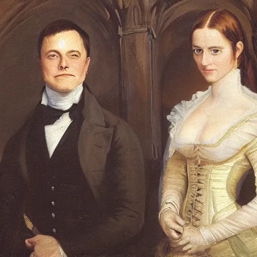 Image similar to elon musk ( left ) and emma watson in an 1 8 5 5 painting by elisabeth jerichau - baumann. painting, oil on canvas