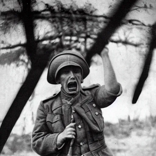 Image similar to horrified screaming World War 1 soldier, portrait, black and white photography