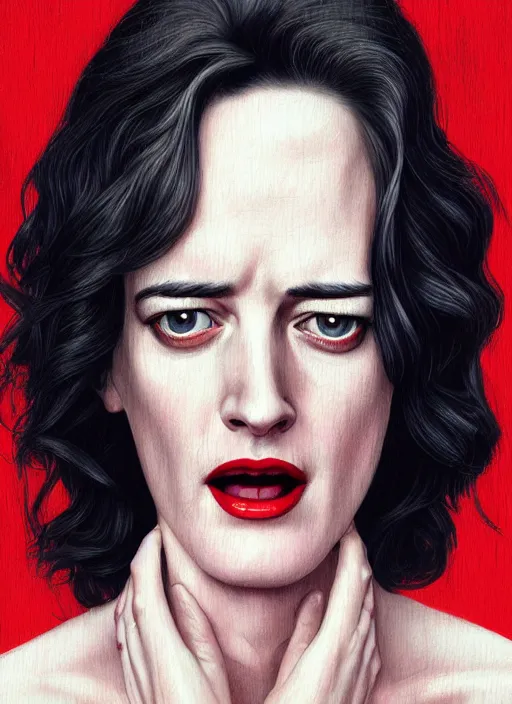 Prompt: twin peaks movie poster art, portrait of a very sweaty eva green with ecstatic face, from scene from twin peaks, clean, simple illustration, nostalgic, domestic, highly detailed, digital painting, artstation, concept art, smooth, sharp focus, illustration, artgerm, donato giancola, joseph christian leyendecker, wlop