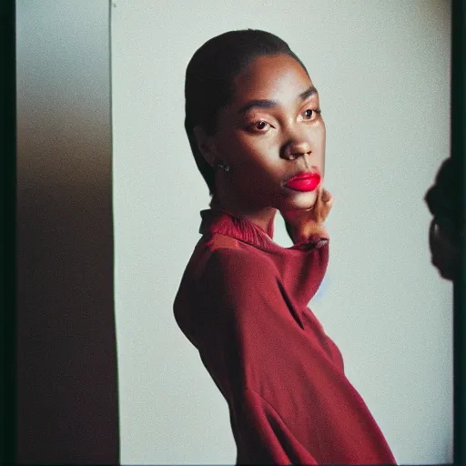 Image similar to realistic photoshoot for a lookbook, color film photography, portrait of a beautiful woman in style of tyler Mitchell, 35mm, graflex