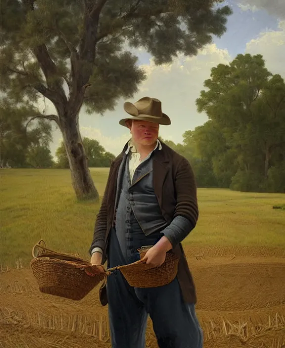 Prompt: portrait of jesse plemons as a farmer in louisiana, art by denys tsiperko and bogdan rezunenko and george caleb bingham, hyperrealism