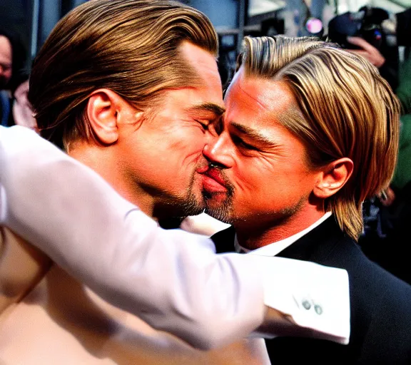 Prompt: A photograph of leonardo dicaprio kissing brad pitt, highly detailed, realistic faces, 4k, hd, professional photograph